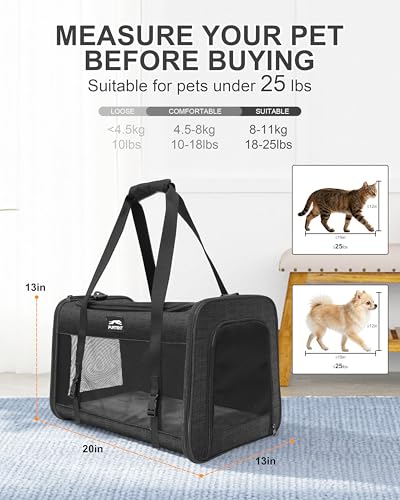 Soft-Sided Large Cat Carrier for 2 Cats, Spacious Foldable Pet Travel Carrier for Large Cats up to 25 Lbs, Double Cat Bag with Shoulder Strap, 20x13x13 Inch, Fits Maine Coon and Small Dogs, Black