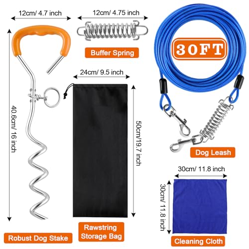 LANNEY Dog Tie Out Cable and Stake, 30ft Leash Chain Lead with Swivel Hook and Shock Spring for Yard Outside Camping, 16 inch Heavy Duty Spiral Ground Stake for Medium Large Dogs Up to 125 Lbs