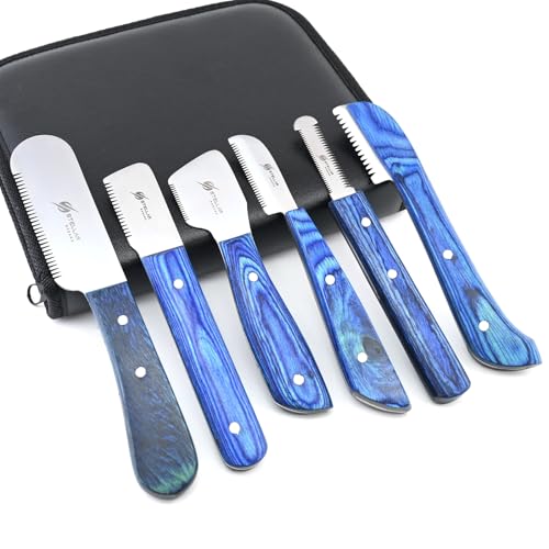 Dog Grooming Stripping Knife Set – 6-Piece Stainless Steel Hand Stripping Tools with Wooden Handles – Coarse, Medium, Fine & Extra-Fine Knives for Dogs, Cats & Wire-Coated Pets (Blue) - color: Blue