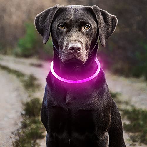 HIGO LED Dog Collar, USB Rechargeable Light Up Dog Collars Glow in the Dark, Waterproof LED Dog Necklace for Your Dogs Walking at Night (Pink) - color: Pink