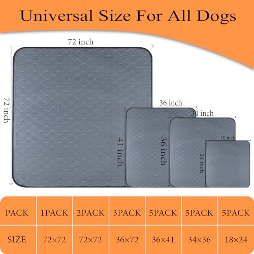 Bunlitent Washable Pee Pads 5 Pack, 24" x 36", Reusable Pee Pads for Dogs, Puppy Pads Washable with Quick Dry, Anti-Slip Dog Pee Pads, Whelping Pads, Dog Carpet - color: Gray, size: 24x36 Rectangle-5Pack