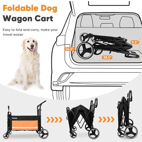 Petbobi Dog Wagon Stroller for Large & Medium Dogs, 2-in-1 Push Pull Pet Cart with Ramp, Foldable Wagon, 360° Swivel Wheels, Adjustable Handles, Safety Leashes, Orange - color: Orange