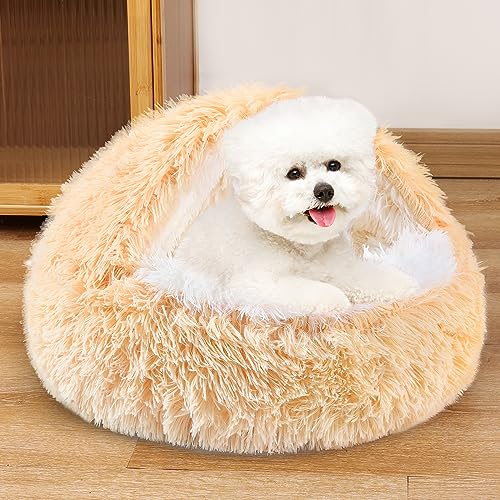 NOYAL Round Hooded Plush Cat Cave Donut Anti Anxiety Fluffy Bed for Small Medium Dog and Cat - color: Golden, size: Small 19.6''