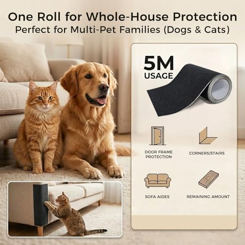 Dog Nail Scratch Board Sandpaper Roll, 80 Grit Heavy Duty Self-Adhesive Door Protector from Dog Scratching, 16.4ft x 9.8in Cut to Size Cat Furniture Scratching Guard, Pet Nail File Replacement Refill