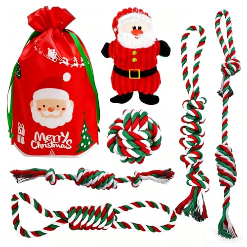 Christmas Dog Toy Set for Medium & Large Dogs - 7pcs Festive Chew Toys (5 Cotton Rope, 1 Squeaky Santa Plush, 1 Gift Bag) | Safe Durable Teeth Cleaning Holiday Dog Gifts for Heavy Chewers - color: Christmas
