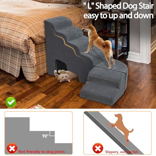 Dog Stairs for High Beds up to 30-36inch, A.FATI 6 Tiers Dog Steps Pet Stairs Adjust to Left Side of Bed, Non-Slip Pet Ramp for Small Dogs/Old Pets - color: Dark Grey L-shape 30" H