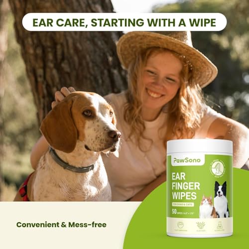 PawSono Dog Ear Wipes - 50 Count Dog Ear Cleaner Finger Wipes for Dogs & Cats, Pre-Moistened Ear Cleaning Wipes for Puppies, Kittens & Small Animals, Thick Pet Ear Wipes to Remove Wax, Dirt & Debris - size: 50 Count