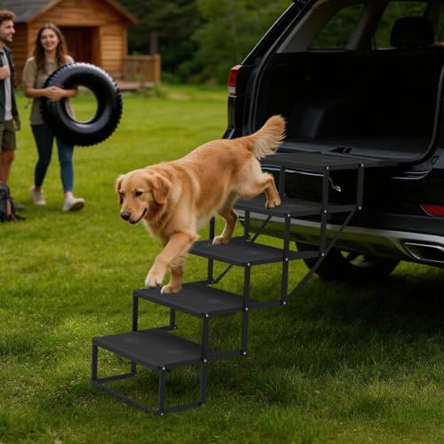 Dog Steps for Car, 5 Steps Foldable Dog Stairs for Large Dogs with Upgraded Non-Slip Surface, Pet Ramp Alternative, Heavy-Duty Plastic Pet Stairs for Vehicles, SUV, Truck, Lightweight & Portable