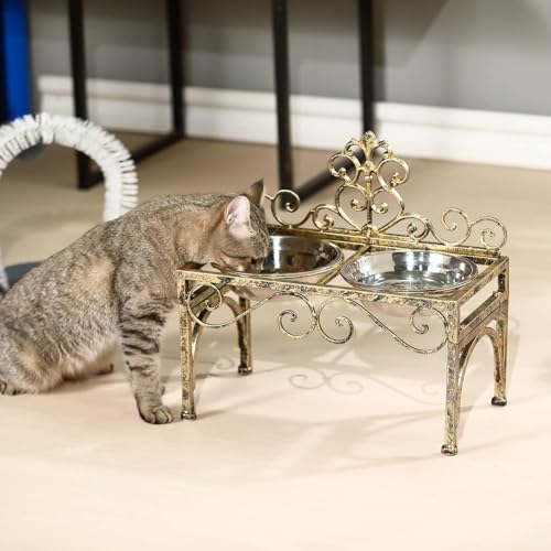 Elevated Dog Bowls for Large Dogs, Metal Raised Dog Feeder, Lifted Dogs Dish Stand with Double Stainless Steel Bowls for Food and Water, Antique Gold Finish Tall Dog Bowl Stand - Height 8.78" - size: 8.78" Height Antique Gold