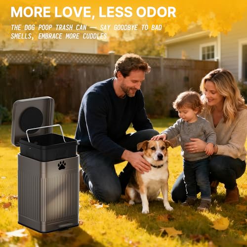 Dog Poop Trash Can Outside - 22L/6Gal Metal Outdoor Trash Can with Lid, Dog Waste Container with 20 Bags, Pet Poop Bucket with Soft Close for Backyard Odor Control, Rectangular Brown - size: 22L Rectangular Brown Trash Can
