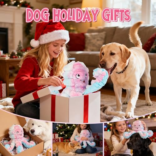 Tough Octopus Dog Toy, Interactive Squeaky & Crinkle Tug of War Toy for Aggressive Chewers, Large Durable Plush Chew Toys to Keep Dogs Busy- Crinkle Octopus, Large (Pink) - color: Pink