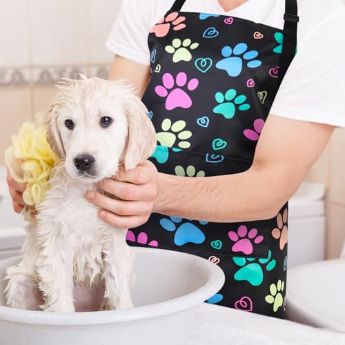 Dog Grooming Waterproof Apron with 2 Pockets, Cute Animals Puppy Dog Pets Apron - style: Colorful Dog Paw
