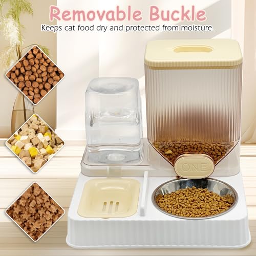 Fhiny Gravity Cat Feeder & Water Dispenser, 2 in 1 Automatic Puppy Waterer Removable Stainless Steel Food Bowls Set Self Feeding Pet Food Storage for Cat Kitten Puppy Easy Clean (Yellow)