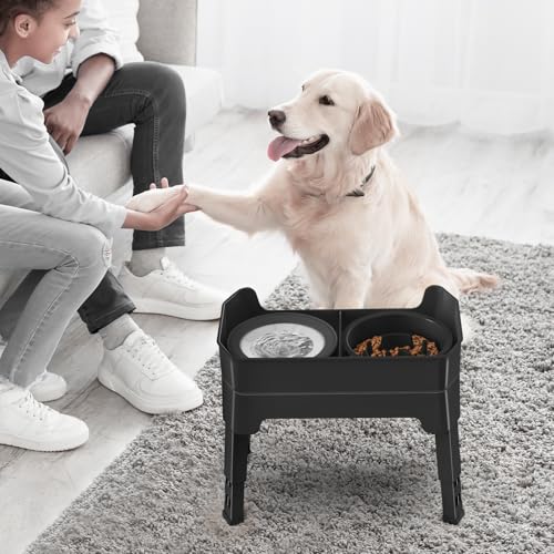 4-in-1 Elevated Slow Feeder Dog Bowls, 4 Height Adjustable Mess Proof Raised Dog Bowl Stand with No Spill Dog Water Bowl, Stainless Steel Dog Food Bowl & Slow Feeder for Large Medium Small Dogs Pets - color: Black, size: Water Bowl + Stainless Steel Bowl