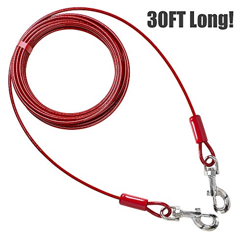 BV Dog Tie Out Cable 30 Feet - Heavy Duty Dog Lead Up to 125 Pounds - Reflective & Rust-Free with Quick Release Swivel Clips & 360° Rotating Clasp - Tangle-Free Dogs Runner for Yard (Red, Pair) - color: 125lbs/ 30ft/ Red, style: Pair