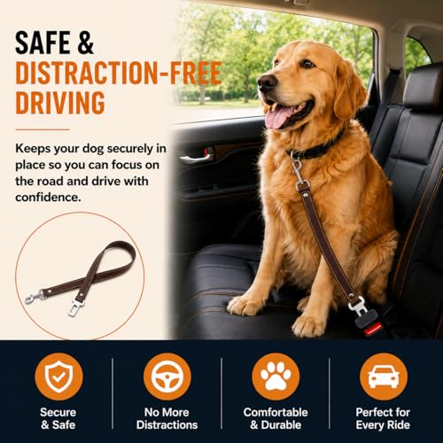 Genuine Leather Dog seat Belt for car, Safe Distraction Free Driving, Heavy-Duty Design with Military Grade Hardware, Harness for Small, Medium and Large Pets (Brown, 30") - color: Brown