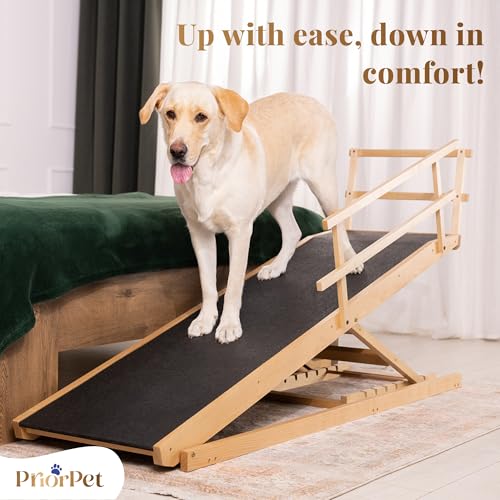 Dog Ramp for Bed with Safety Rails for High Beds up to 37" – Extra Wide 19.5" Adjustable Dog Bed Ramp for Large Dogs up to 200 lbs – Solid Birchwood, Non-Slip Rubber Surface, Foldable Design – Natural - color: Natural