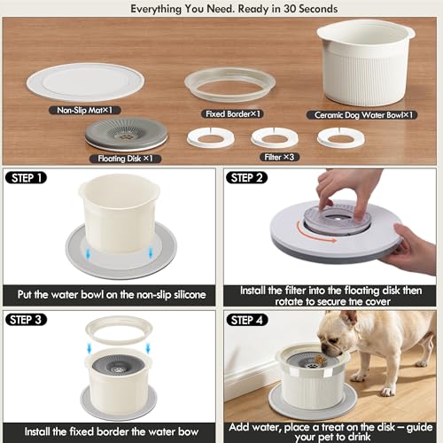 No Spill Ceramic Dog Water Bowl, Large Capacity Slow Drinking Bowl with Floating Disk & Filter, Heavy Duty Anti-Slip Bowl for Small to Medium Dogs, Cats & Multi-Pet Homes Indoor