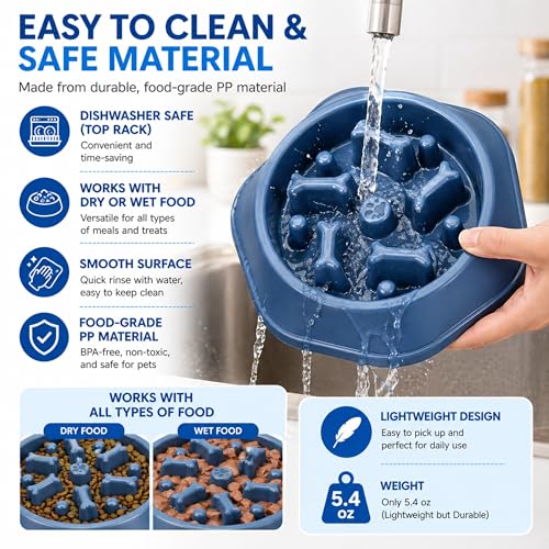 Slow Feeder Bowl for Small & Medium Cats & Dogs - Durable Slow Feeding Bowl with Non-Slip Base - Anti-Choking Puzzle Food Bowl for Dogs That Helps Mental Stimulation & Reduces Fast Eating-Blue - color: Blue