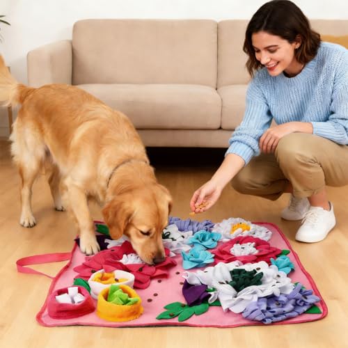 Vextronic Snuffle Mat for Dogs, Large Breed Slow Feeder Interactive Toy | 25x25-inch washable mat. Sparks natural foraging. Eases anxiety. Slows gulping at meals. Fits small to large pets. Pink. - color: Pink