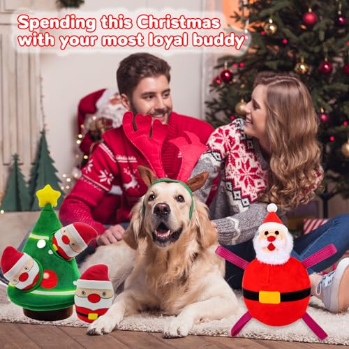 lilfrd Christmas Dog Toys, 4 Pack Santa Xmas Tree Hide Seek Squeaky Toy | Lovely Christmas seasonal treat, suitable for small and medium breeds - style: Christmas Tree & Santa