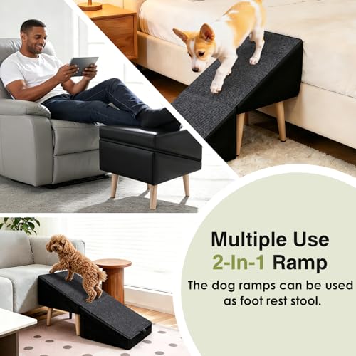 Split Ottoman Dogs Ramp, Dog Ramp for Couch and Bed, Dog Stairs for Small Dogs and Cats, 2-in-1 Foldable Wooden Pet Stairs and Ottoman, Non-Slip Fabric Surface Ramp for Couch and Bed Black - color: Black