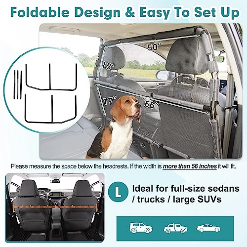 Dog Car Barrier Escape-Proof, 56" Wide Divider for 2nd 3rd Row Seats & Cargo Area, Durable Back Seat Gate Trunk Barrier with See Through Net Mesh for Trucks, Large SUV & Full Sized Vehicles - size: Large
