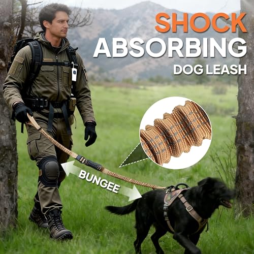 Heavy Duty Dog Leash for Large Dogs that Pull, 4-7FT Tactical Bungee Leash | Shock Absorbing Dog Leash with Traffic Handle, Metal Frog Clip, Car Seatbelt, Reflective Stitching, For Medium to Large Breed