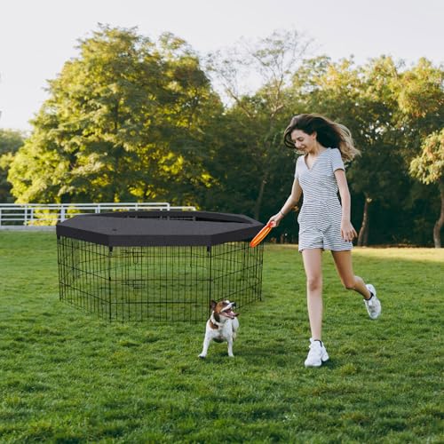 Dog Pen Pet Playpen Dog Fence Indoor Foldable Metal Wire Exercise Puppy Play Yard Pet Enclosure Indoor Outdoor 8 Panels 24 Inch with Bottom Pad/Top Cover (Black with top Cover) - style: Playpen + top cover