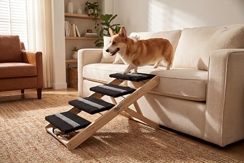 2-in-1 Dog Stairs Ramp – Foldable Pet Steps for Small Dogs | Collapsible Wooden Pet Ramp, 4 Adjustable Heights, Non-Slip High Traction Fabric Surface, Portable Solid Pine Wood Steps - size: X Trumpet