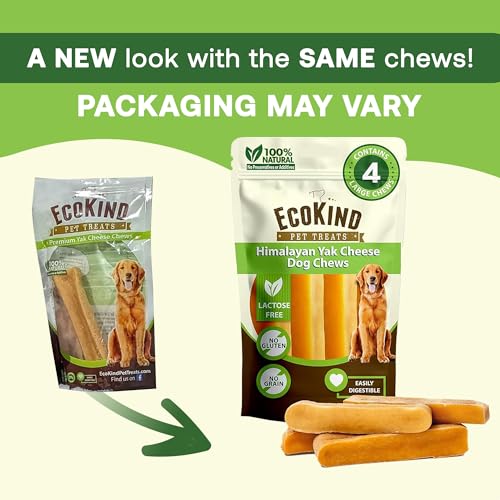 EcoKind Yak Cheese Himalayan Dog Chews, Yak Chews for Large Dogs, Long Lasting Bone for Aggressive Chewers, 3 Ingredient Natural High Protein Dog Treat, No Additives or Lactose, Large - 4 Chews (1 lb)