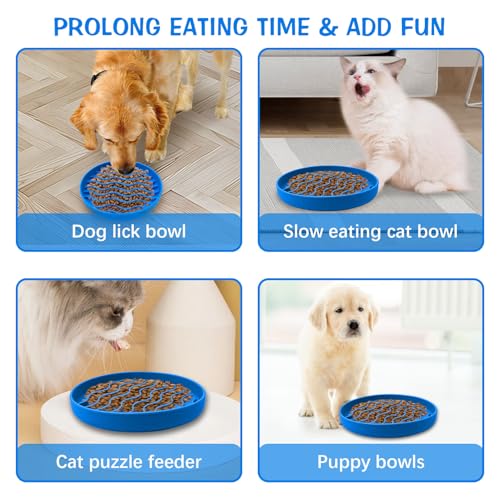 Fhiny Slow Feeder Dog Bowl Non-Slip Silicone - Blue Pet Food Dish for Fast Eaters, Dishwasher Safe - color: Blue