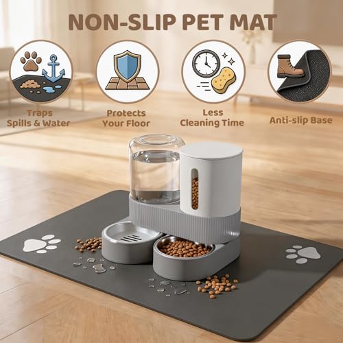 Gravity Cat Feeder 2 Pack Automatic Food Feeder and Water Dispenser Set Detachable Pet Bowl with Silicone Mat for Cats Small Medium Dogs, Large Capacity(Grey) - color: Grey-With mat