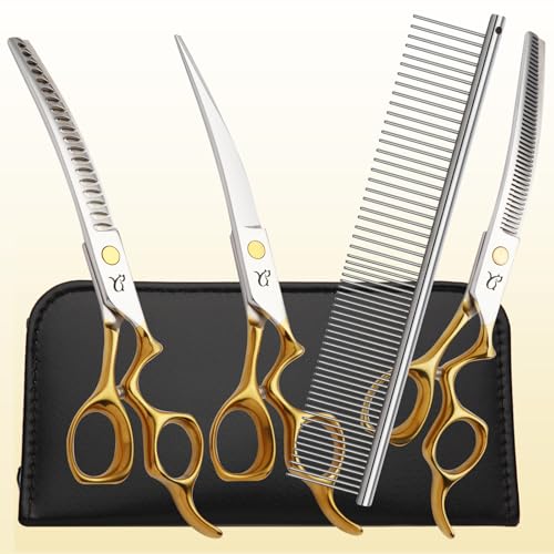 Dog Grooming Scissors,Curved Chunkers Shears Deg Grooming with Safety Round Tips, Sharp and Comfortable 4 in 1 Dog Scissers for Grooming