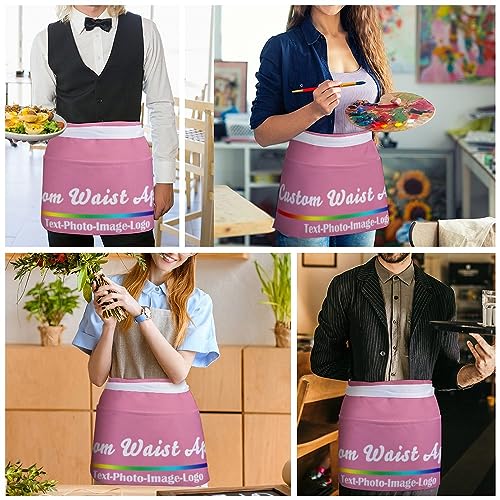 sophiehome Custom Waist Apron with Pockets Add Photo Logo Name Personalized Waiter Server Short Aprons for Kitchen - color: Dark Pink