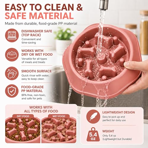 Slow Feeder Bowl for Small & Medium Cats & Dogs - Durable Slow Feeding Bowl with Non-Slip Base - Anti-Choking Puzzle Food Bowl for Dogs That Helps Mental Stimulation & Reduces Fast Eating-Pink - color: Pink