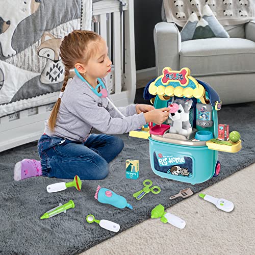 MAGIC4U Pet Cat Care Carrier Suitcase Toy, 29PCS Doctor Vet Kit for Kids, Pet Dog Grooming Feeding Toys, Veterinarian Pretend Play Set, Gifts for Boys and Girls Ages 3-12 | Puppy Vet Toys, Animal Doctor Kit for Toddlers,, Dog Grooming Toys, Pretend Pet Ho