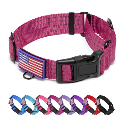 Martingale Dog Collar, Reflective No Pull Training Collar with Quick Release Buckle & USA Flag, Heavy-Duty Nylon, Adjustable for Small Medium Large Dogs (L,Hot Pink - color: Hot Pink with Flag, size: L (1" x 19"-26")