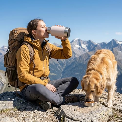 Dog Water Bottle 32oz, Insulated Stainless Steel Travel Water Dispenser with 2 Detachable Dog Bowls for Food and Water, Leak Proof Portable Pet Drinking Cup for Walking Hiking Camping - color: pink