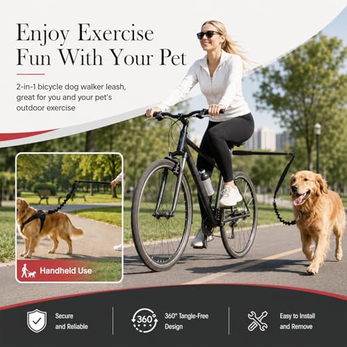 Dog Bike Leash with 16.7 in Steel Pole, Black Pet Bike Attachment with Shock Absorbing Bungee, 360 Degree No Tangle Running Dog Leash for Cycling, Jogging, Outdoor Exercise