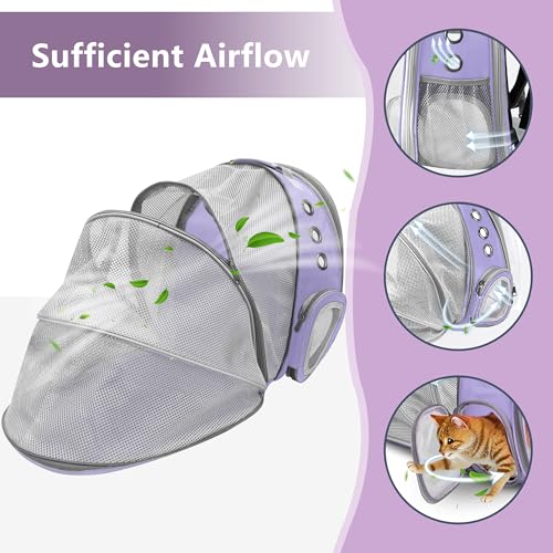 Expandable Cat Backpack Carrier, Breathable Clear Bubble Window Pet Carrier for Small Dogs and Cats up to 12 lbs, Airline Approved Travel Bag for Hiking and Outdoor Use (Back Expandable-Purple) - color: Purple