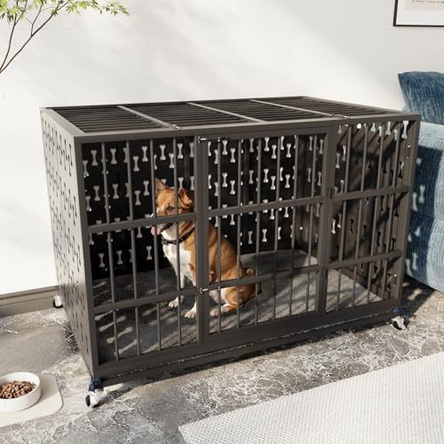 LEMBERI 48" Heavy Duty Indestructible Privacy Enclosed Dog Crate with Mat, 500lbs Capacity Escape Proof Dog Kennel, 36" Tall High Anxiety XL Metal Dog Cage with Lockable Wheels, Removable Tray, Black - color: Black, size: 47.2"L x 29.9"W x 35.4"H