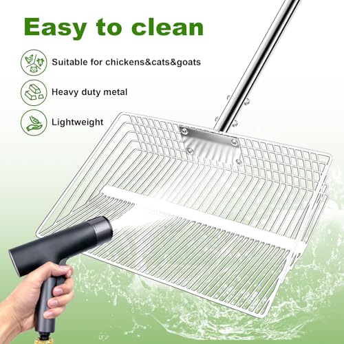 12inch Large Chicken Poop Scooper, 2 Widths of Slots Chicken Coop Litter Scoop with Stainless Steel Handle - 23" to 66", 4 in 1 Litter Sifting Shovel,Heavy Duty Chicken Coop Accessories