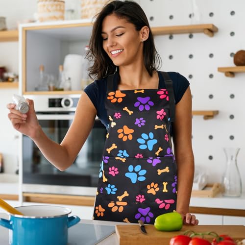 Dog Grooming Waterproof Apron with 2 Pockets, Cute Animals Puppy Dog Pets Apron - style: Colorful Dog Paws and Bones