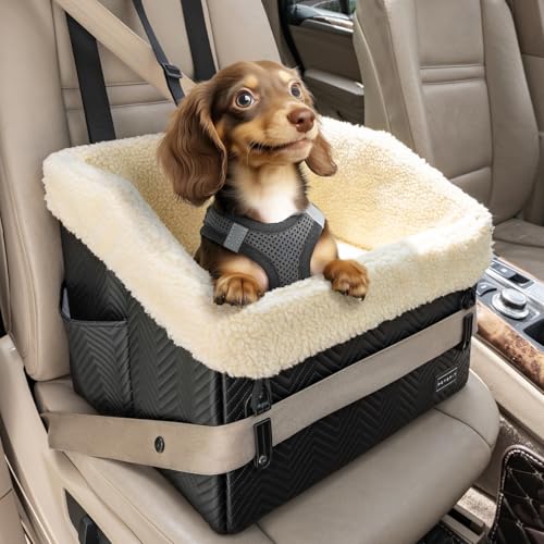 PETSFIT Small Dog Car Seat, Waterproof PU Leather Dog Booster Car Seat with Patented Safe Buckles, Detachable Washable Cushion, 2 Storage Pockets, Dog Car Seat Medium Sized Dog up to 30 lbs (Black) - color: Black