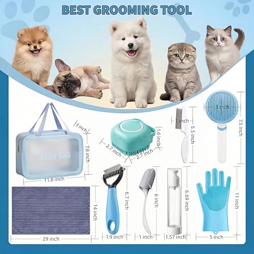 9PCS Dog Bath Kit & Dog Brush Kit for Dogs & Cats - Professional Pet Grooming Tools Set with Shedding Brush, Bath Scrubber, Dematting Comb & Storage Bag - Complete Dog Washing Essentials, Blue - color: 9PCS-Blue