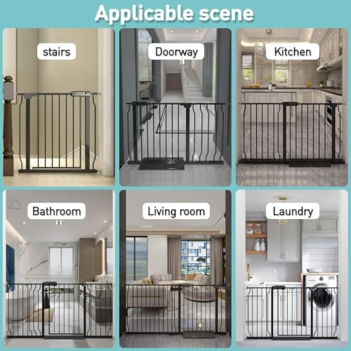 WAOWAO Baby Gate 146-158cm(57-62인치) 엑스트라 와이드 압력 장착 워크 스루 스윙 자동 닫힘 안전 블랙 메탈 유아 어린이 개 애완동물 강아지 계단, 출입구, 주방용 - color: 블랙., size: 57.48-62.20"/146-158cm