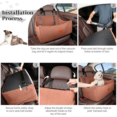 Wooaidagg Dog Car Seat for Medium & Large Dogs Up to 55lbs, Memory Foam Cushion, Washable Cover, Safety Straps & Non-Slip Base (Brown, Large) - color: Brown