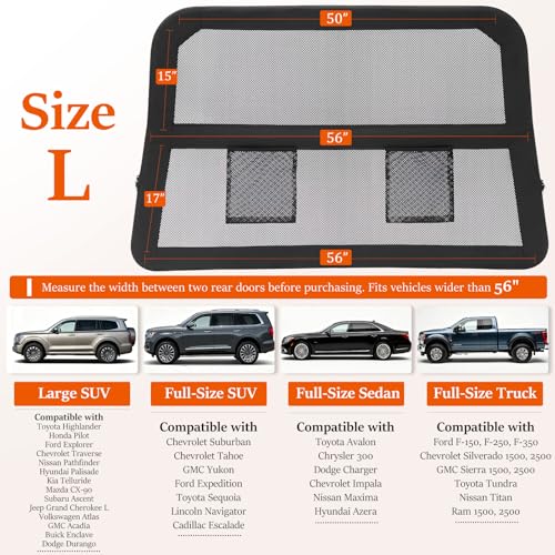Heavy Duty Dog Car Barrier with Sturdy Metal Frame, Wider Coverage Pet Divider Net for Back Seat & Cargo Area, Universal Fit for Cars SUVs Trucks, Claw-Proof Transparent Mesh for Cool Airflow - size: Large