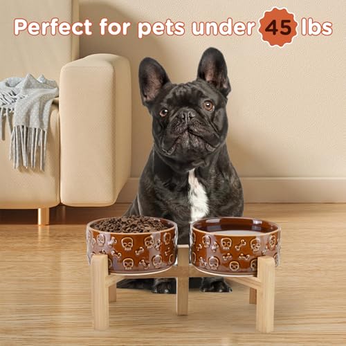 SPUNKYJUNKY Elevated Dog Bowls Ceramic, 6.1'' Dogs and Cat Food Water Bowls Raised with Non-Slip Bamboo Stand for Medium Sized Breed Microwave Dishwasher Safe - 28.7 OZ,Skull Bronze - color: Bronze - Skull, size: 6.1 in - 3.6 cups
